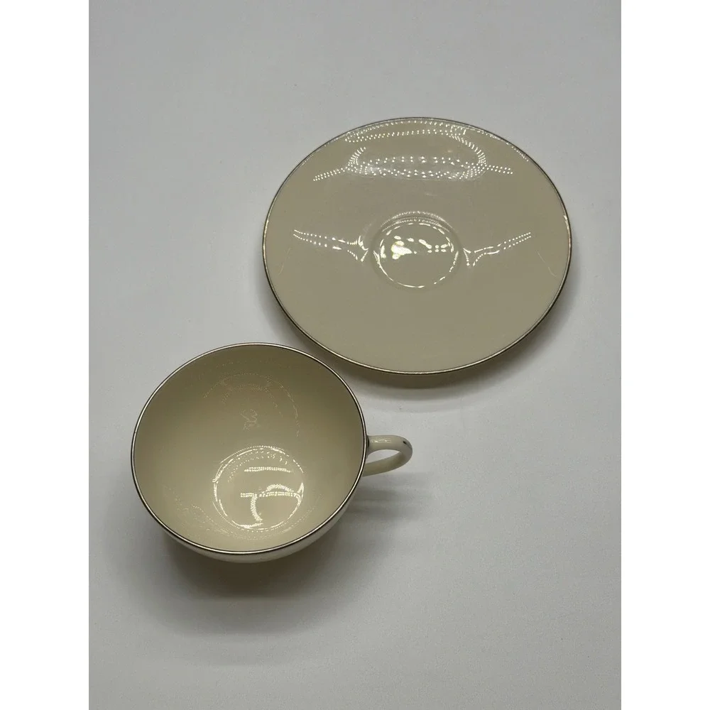 Lenox Olympia Fine China Cup and Saucer Set Cream Silver Rim‎ Made USA X-303P